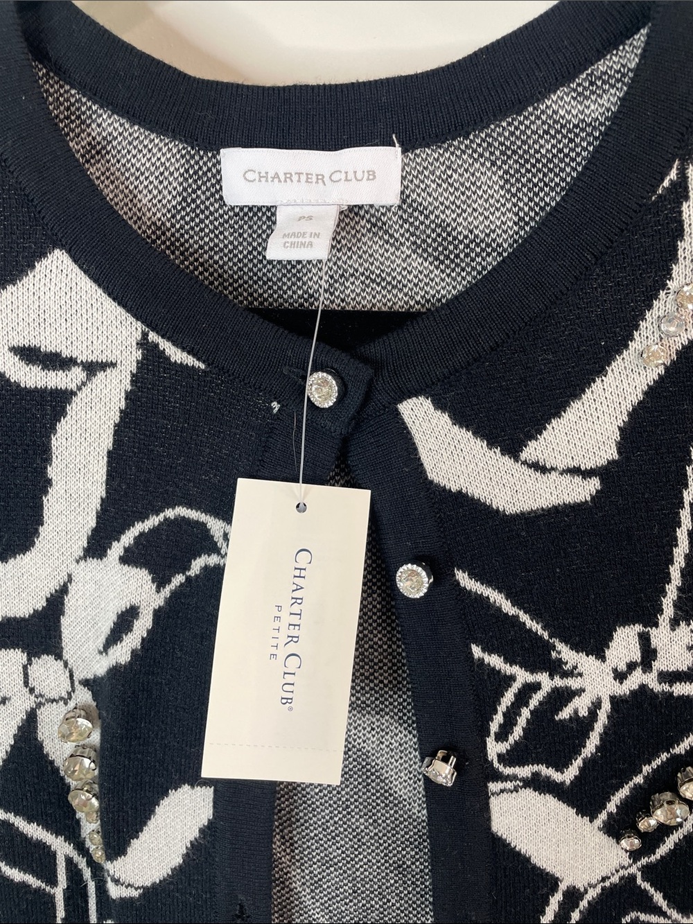 Charter Club Black & White Bow Pattern Cardigan with Sequin Accents - Picture 2 of 6